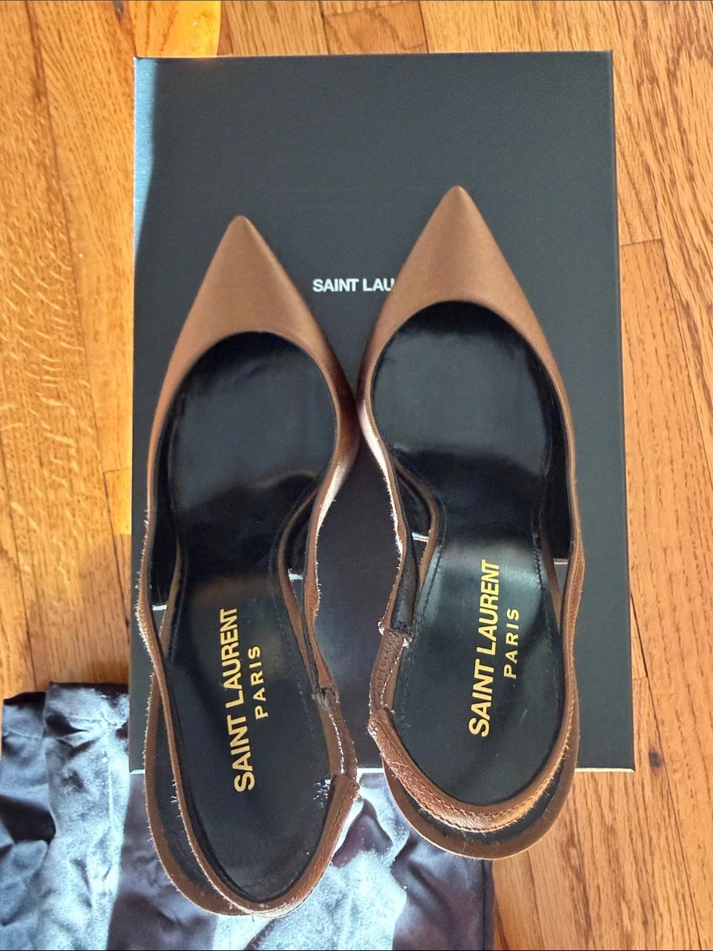 Saint Laurent silk satin Brown Pointed Zoé Slingback Pumps NEW